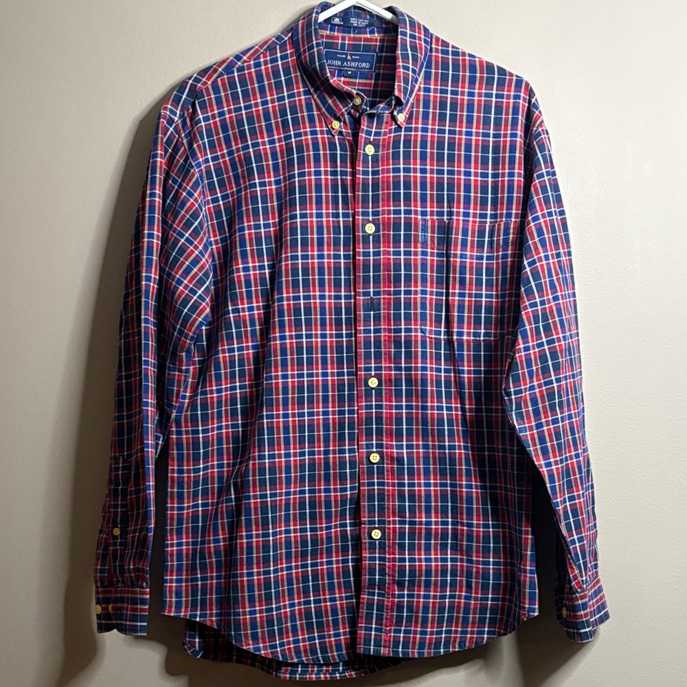 John Ashford Multi-Color Plaid Button-Down Shirt Medium 100% Cotton